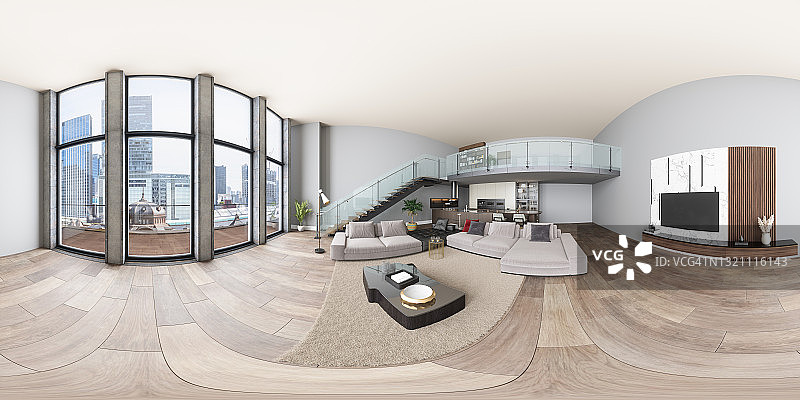 360等矩形全景室内现代别墅，客厅，厨房和楼梯图片素材