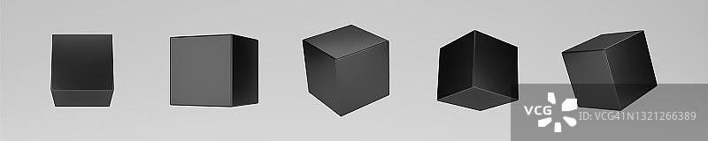 黑色的三维建模立方体集与透视孤立在灰色背景。使用光照和阴影渲染一个旋转的3d盒子。三维基本几何形状矢量插图图片素材