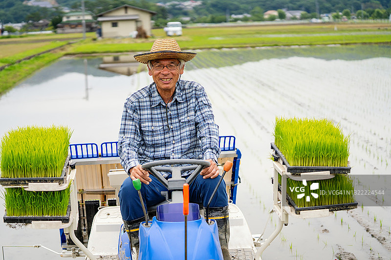 一个高级男子驾驶水稻种植机和准备种植他的水稻作物的肖像图片素材