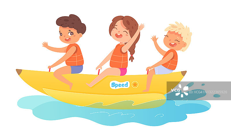 暑假里，孩子们在水上乘坐香蕉船。小男孩和女孩有乐趣的充气设备矢量插图。孩子们在白色背景下的海边度假图片素材