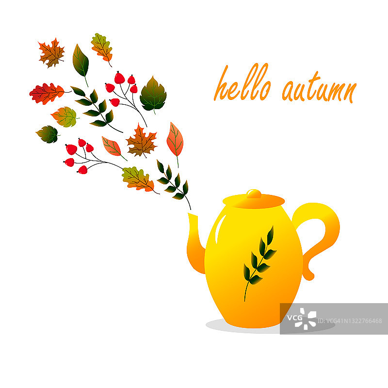 黄茶壶与秋叶和文字。你好,秋天。图片素材
