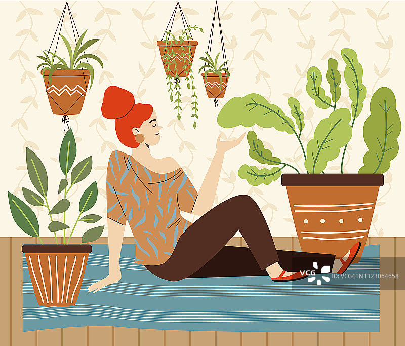 女人享受她的室内植物在可爱舒适的房间，平面矢量插图。图片素材
