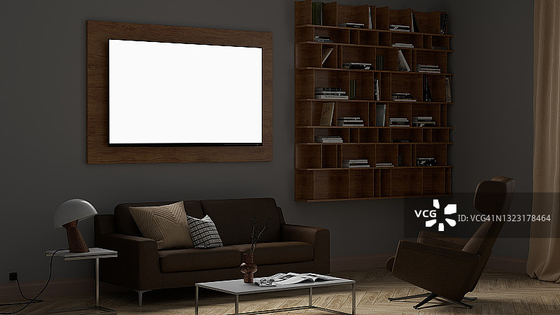 在白色墙壁的客厅里，一个发光的电视屏幕。图片素材