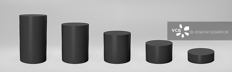 黑色3d圆柱体正面视图和水平与透视孤立在灰色背景。圆柱支柱，空博物馆舞台，基座或产品平台。三维基本几何形状矢量插图图片素材