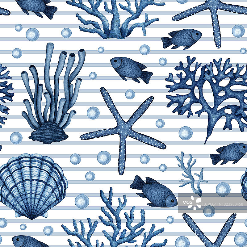 海洋生物无缝模式。采购产品水彩鱼，海星，海草，珊瑚和扇贝。水下野生动物、植物。海洋背景图片素材