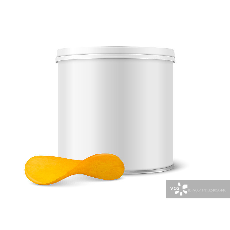 矢量3d现实空白白色金属锡罐，罐头食品，土豆片包装盖和现实纹理芯片隔离在白色背景。小尺寸。设计模板模型。前视图图片素材