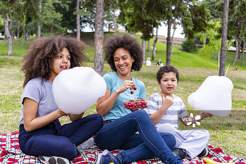 快乐的年轻非洲裔美国家庭正在户外野餐。图片素材