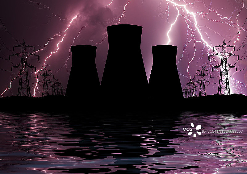核电站在闪电的背景下图片素材