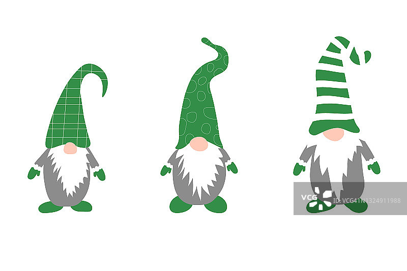 可爱的圣诞小精灵在绿色的收集孤立在白色的背景。帕特里克节的矢量插图图片素材