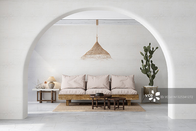 现代白色客厅，沙发，茶几，仙人掌植物和吊灯图片素材