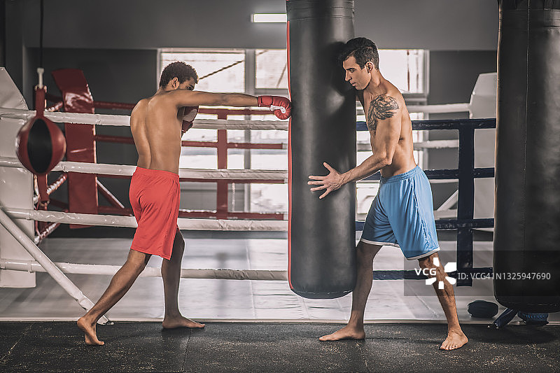 两个运动员在拳击台上一起锻炼图片素材