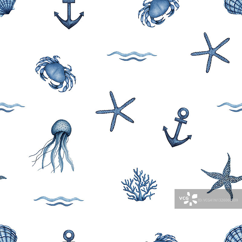 航海无缝模式。水彩蓝色锚，海星，珊瑚和扇贝。海洋生物。海洋水下动物。手绘海洋婴儿背景托儿所印刷图片素材