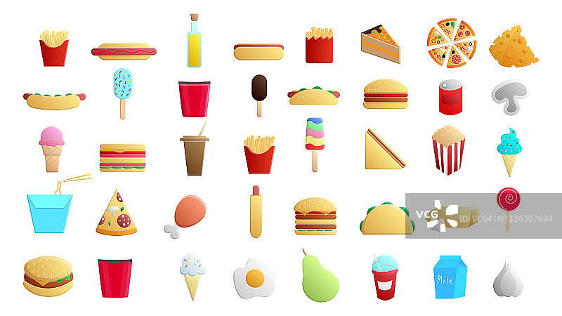 一套45个图标的美味的食物和零食项目的餐厅酒吧咖啡厅在一个白色的背景:快餐，欺骗肉，汉堡，披萨，热狗，三明治，水果，蔬菜图片素材