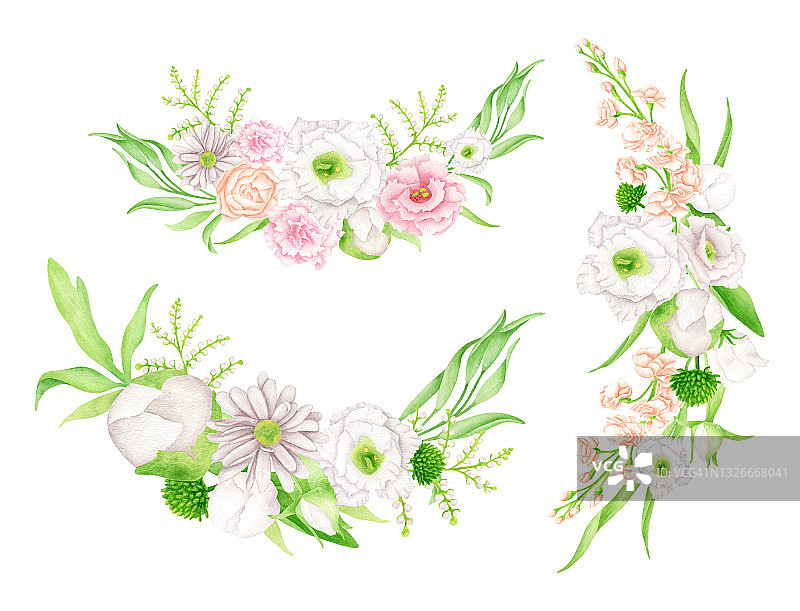 水彩花和绿色植物安排集。手绘花束孤立在白色上。植物绘画。婚礼请柬和卡片上用白色的花装饰。图片素材