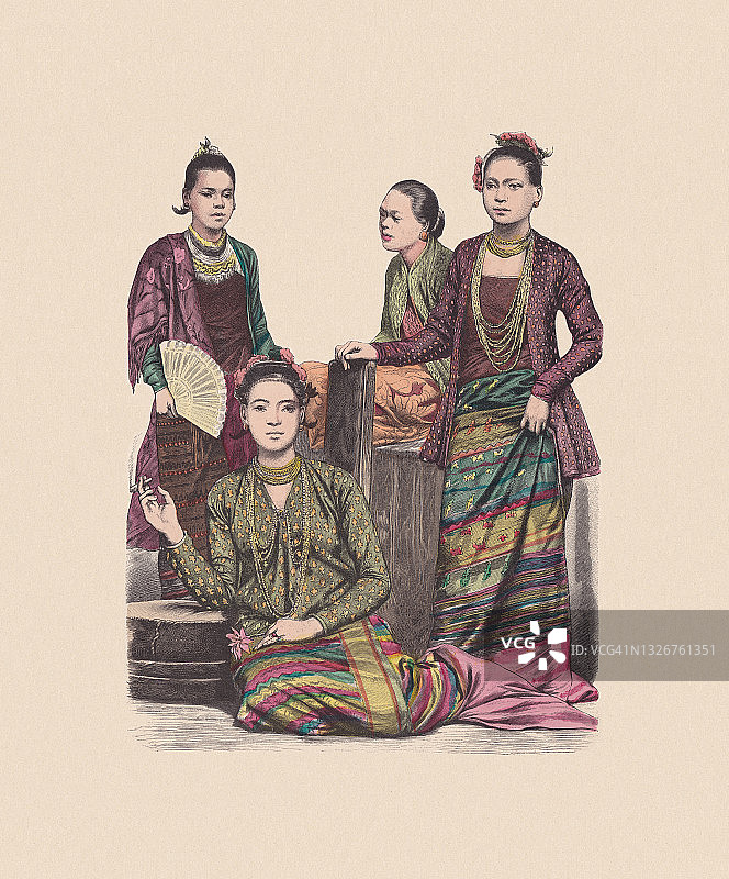 19世纪，亚洲服饰，缅甸，手工着色木刻，大约1880年出版图片素材