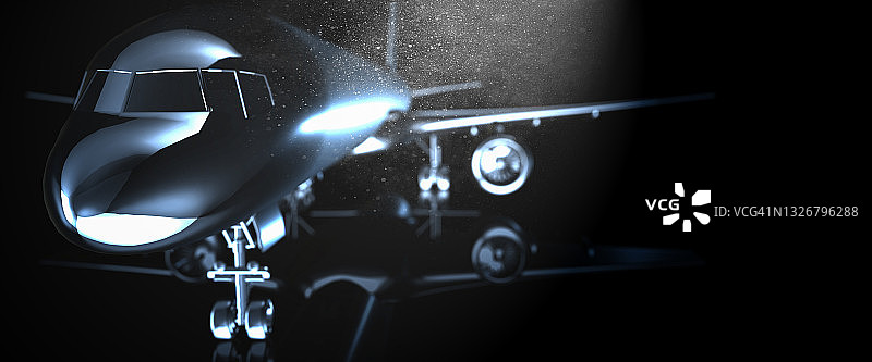 蓝色基调下的行政飞机聚光灯下的黑色背景3D渲染图片素材
