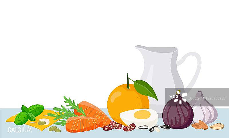 系列产品富含钙质。高钙食物。健康的生活方式。对骨骼和神经肌肉系统的影响。绿色蔬菜，牛奶，豆类，坚果，奶酪，水果，鸡蛋，鱼在餐桌上。图片素材