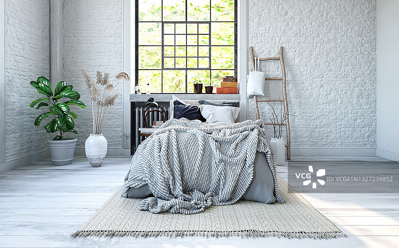 舒适的空卧室与乡村风格设计和双人床图片素材