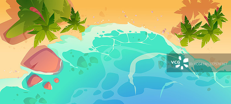 夏季海滩与棕榈树顶视图图片素材