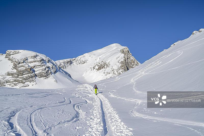 德国巴伐利亚州Garmisch-Partenkirchen，冬季有雪的Wetterstein山脉，滑雪游客，阿尔卑斯山滑雪之旅图片素材