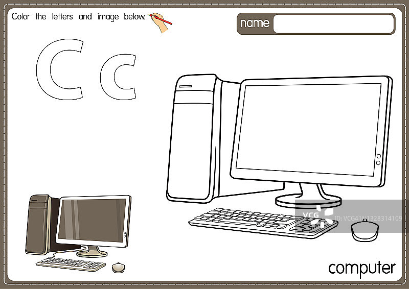矢量插图的儿童字母着色书页与概述剪贴画，以颜色。字母C代表电脑。图片素材