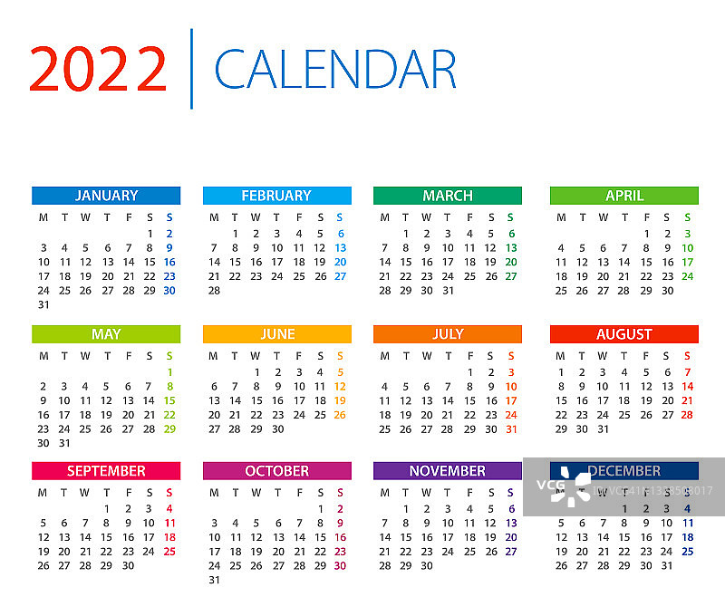 日历2022 -彩色矢量插图。星期一开始上课。图片素材