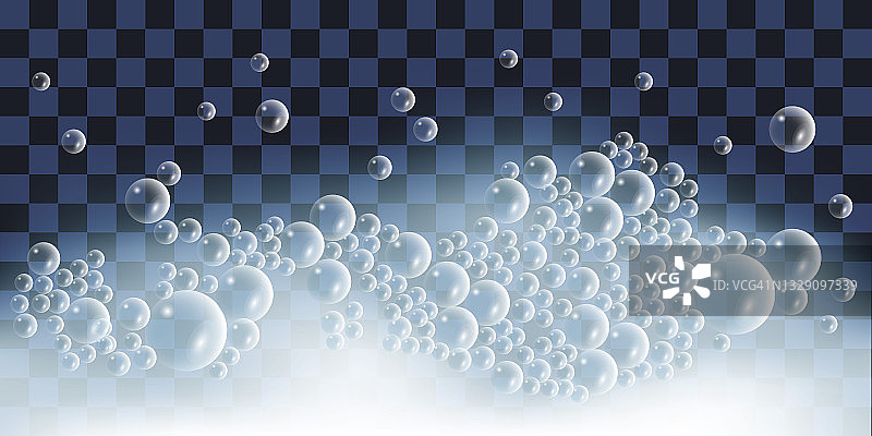 肥皂泡。光滑的蓝色泡沫上透明的背景。矢量图图片素材