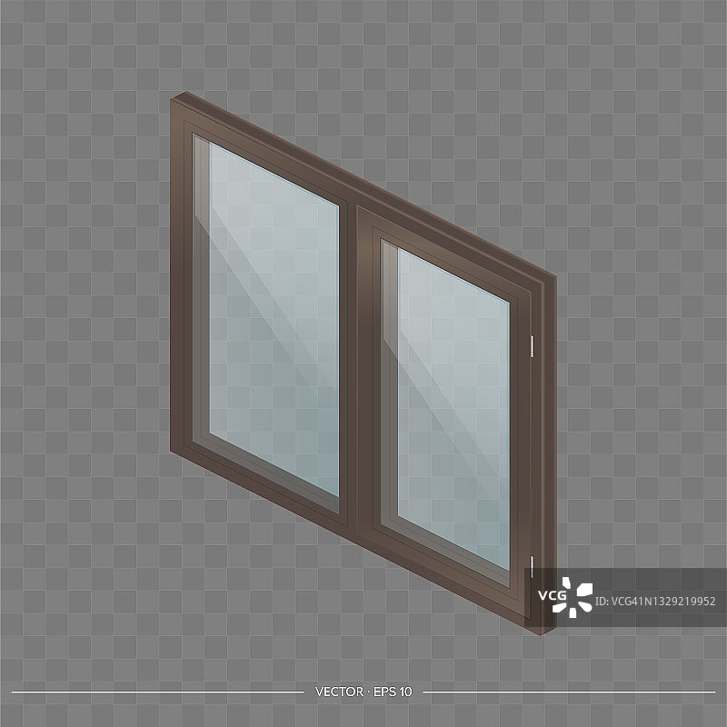棕色金属塑料窗户，3D透明玻璃。现实主义风格的现代窗户。等距、矢量插图。图片素材