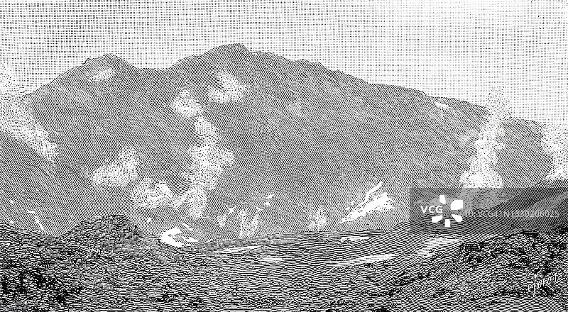 1889年4月，日本万代火山口全景图片素材