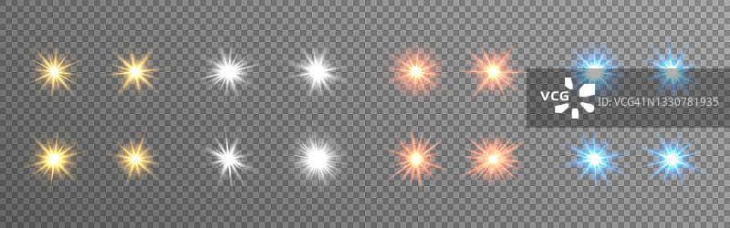 发光的灯。透明背景上的彩色星星。亮耀斑集合。闪闪发光的圣诞元素。节日的效果和光线。矢量图图片素材