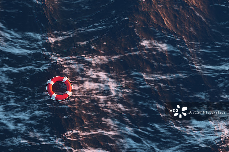 红色救生圈上的海浪在风暴。3 d渲染图图片素材