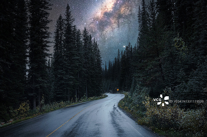 国家公园森林高速公路上繁星点点的银河图片素材