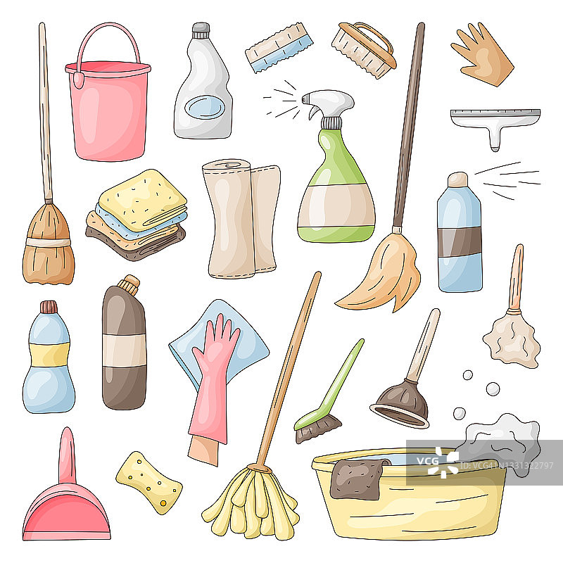 集合向量图标的房子清洁，洗涤和新鲜。卡通瓶子洗涤剂，拖把，毛巾，海绵和抹布。图片素材