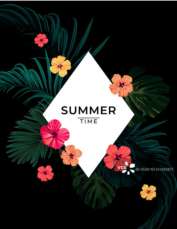 夏季热带矢量设计旗帜或传单与深绿色的棕榈叶和芙蓉花。图片素材
