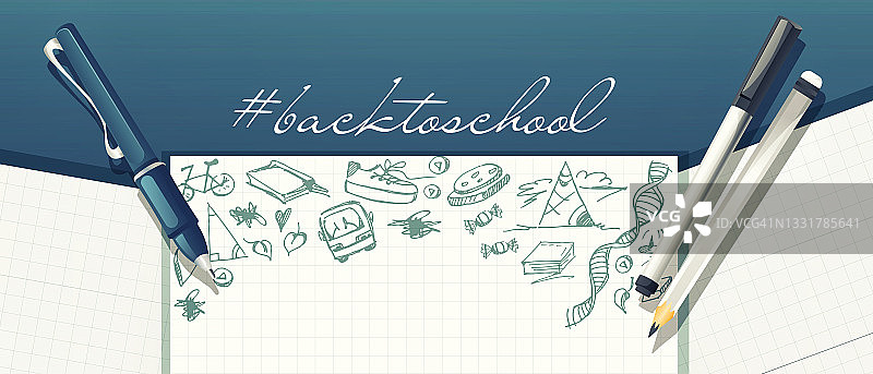 回学校!一张张笔记本，上面有手绘和彩色抽象背景上的文具。创意海报或横幅。图片素材