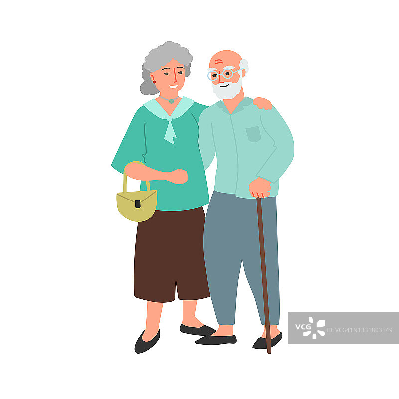 老夫妇。老白种人大胡子男人和女人卡通平面设计插图。幸福的家庭。矢量图片孤立在白色背景。图片素材