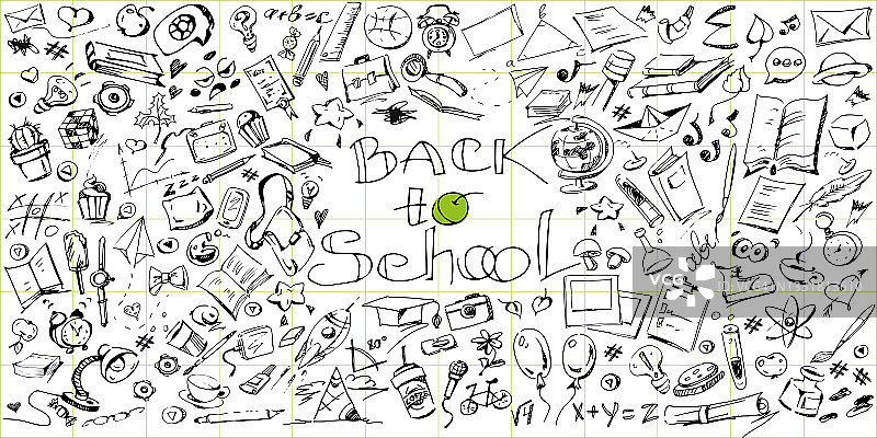 回学校!在孤立的白色背景上使用黑白手绘线。创意海报或横幅。图片素材