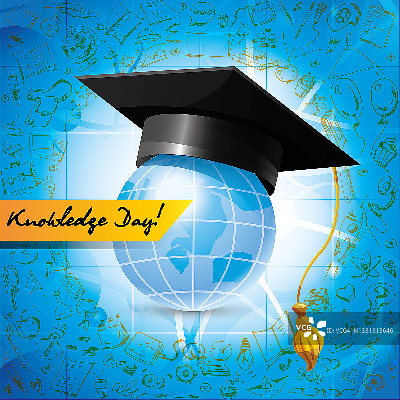 知识之日!毕业帽与手绘抽象彩色背景。创意海报或横幅图片素材