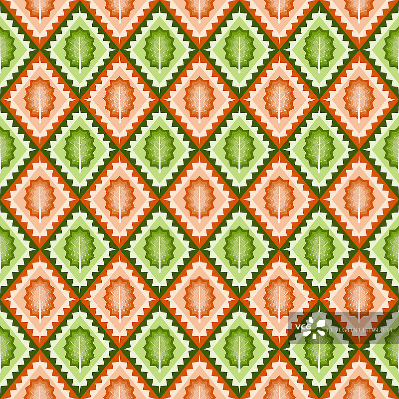 民族风格的无缝图案，钻石背景上有绿色和橙色的树木图片素材