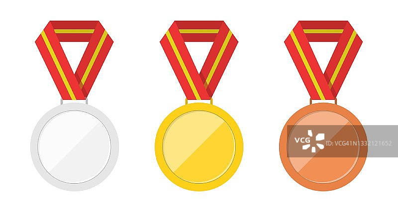 一套三枚奖牌-金，银，铜。带有红丝带图标的获胜者奖牌图片素材