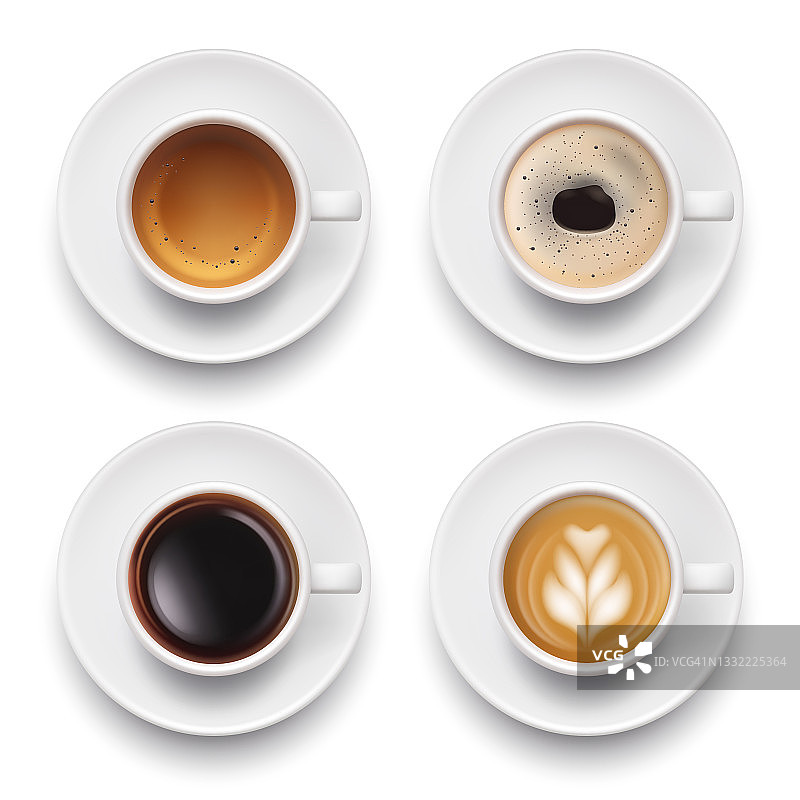 咖啡杯俯视图。热美味的饮料与咖啡泡沫，卡布奇诺，浓缩咖啡，美国象样的向量杯现实收集孤立图片素材