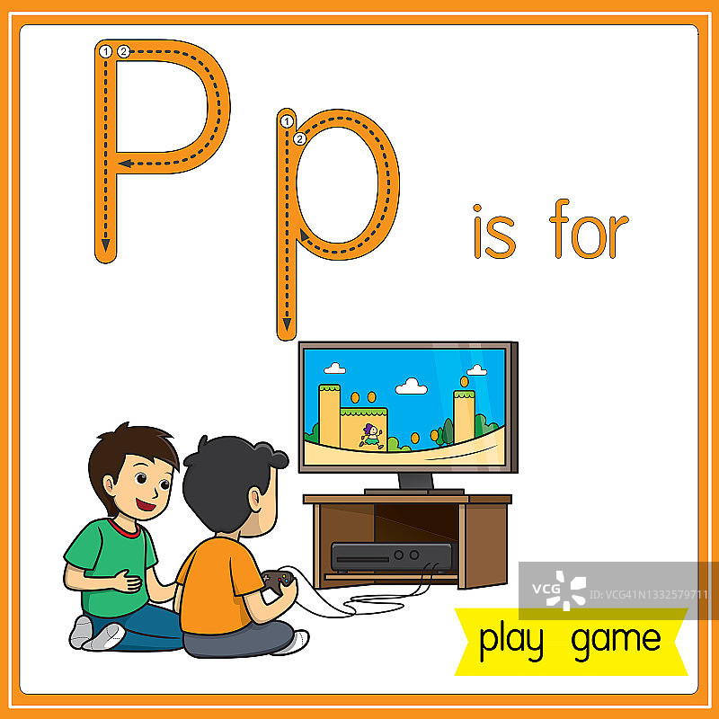 矢量插图学习字母为儿童与卡通形象。字母P代表玩游戏。图片素材
