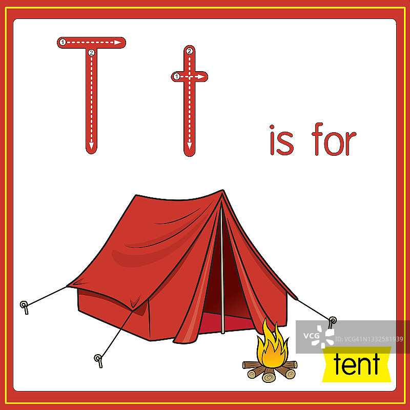 矢量插图学习字母为儿童与卡通形象。字母T代表帐篷。图片素材