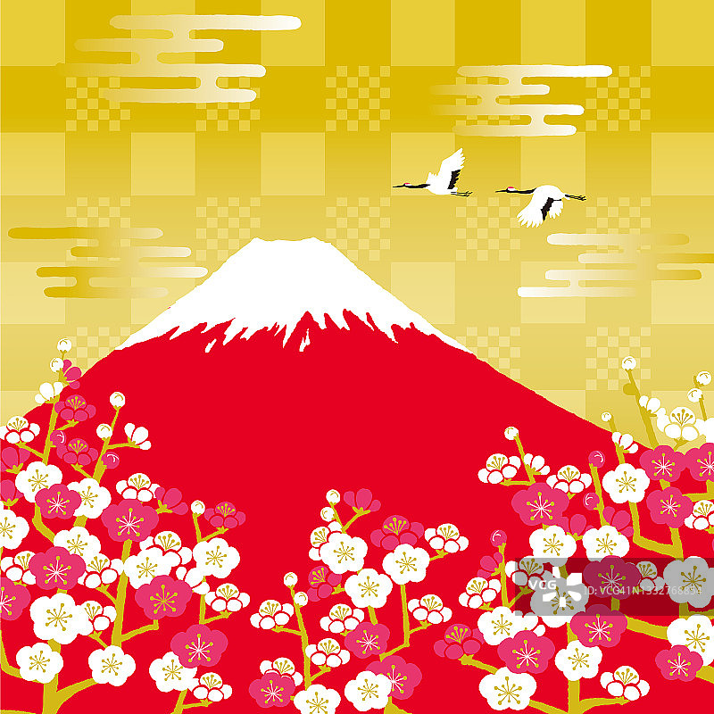 在富士山上飞翔的日本丹顶鹤图片素材