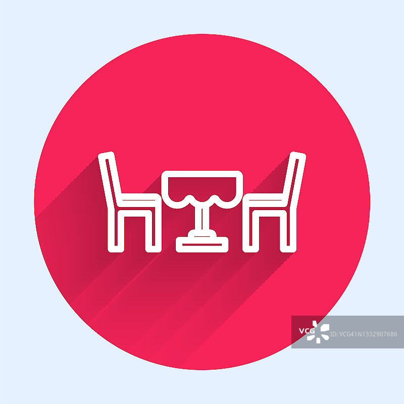 白色线法国咖啡馆图标孤立与长阴影背景。街头咖啡馆。桌子和椅子。红色圆圈按钮。向量图片素材