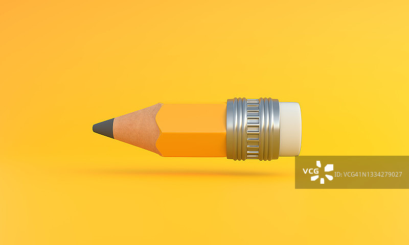 有趣的小尖木铅笔和橡皮擦飞在黄色的背景图片素材