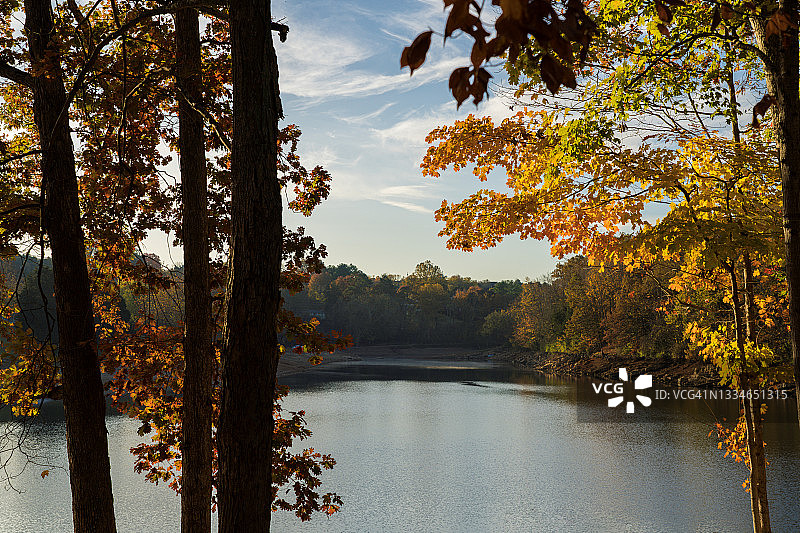 宁静湖面上的秋色与倒影图片素材