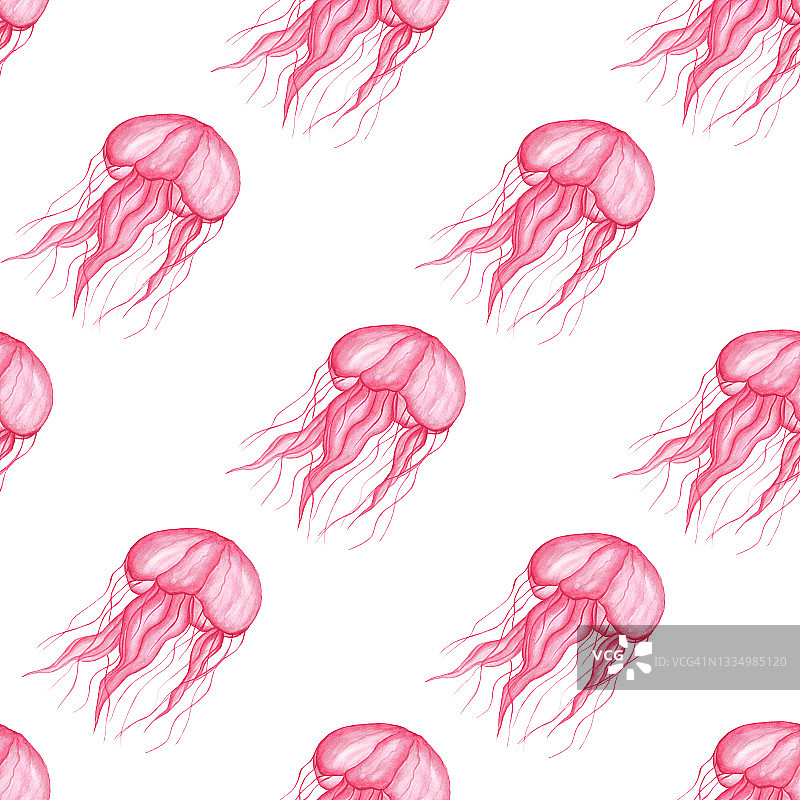 白色背景上粉红色透明的水母。无缝模式。水彩插图。海洋生物。用于织物、墙纸上的印刷。图片素材