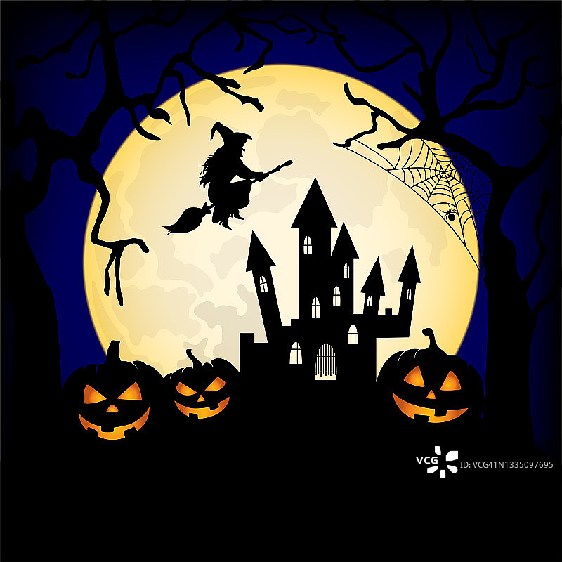 在满月的背景下，幽灵城堡和骑着扫帚的女巫的剪影。图片素材