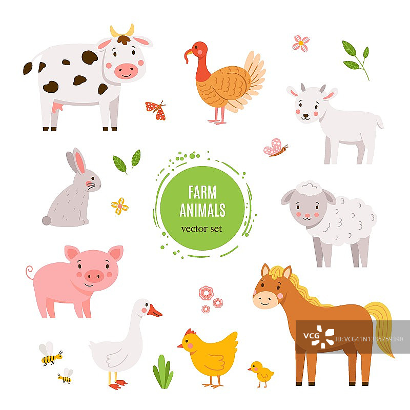 向量卡通集农场小动物孤立在白色的背景图片素材